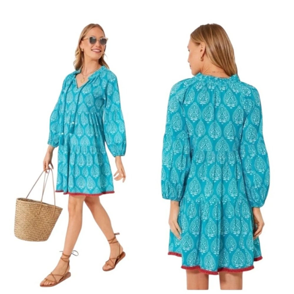 Tuckernuck Tropical Teal Lantern Block Print Caftan Dress L Resort Boho NWT